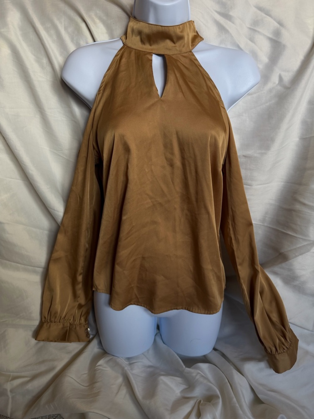 HAODUOYI Mustard Halter Neck Long Sleeve Blouse with Keyhole - Picture 3 of 4